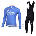 2016 Fietskleding Gazprom Rusvelo Colnago Blauw en Wit Lange Mouwen en Koersbroek