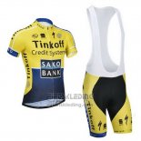 2014 Fietskleding Tinkoff Saxo Bank Blauw en Geel Korte Mouwen en Koersbroek