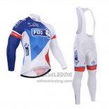 2015 Fietskleding FDJ Wit en Blauw Lange Mouwen en Koersbroek