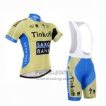 2015 Fietskleding Tinkoff Saxo Bank Azuur en Geel Korte Mouwen en Koersbroek