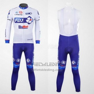 2012 Fietskleding FDJ Wit en Azuur Lange Mouwen en Koersbroek